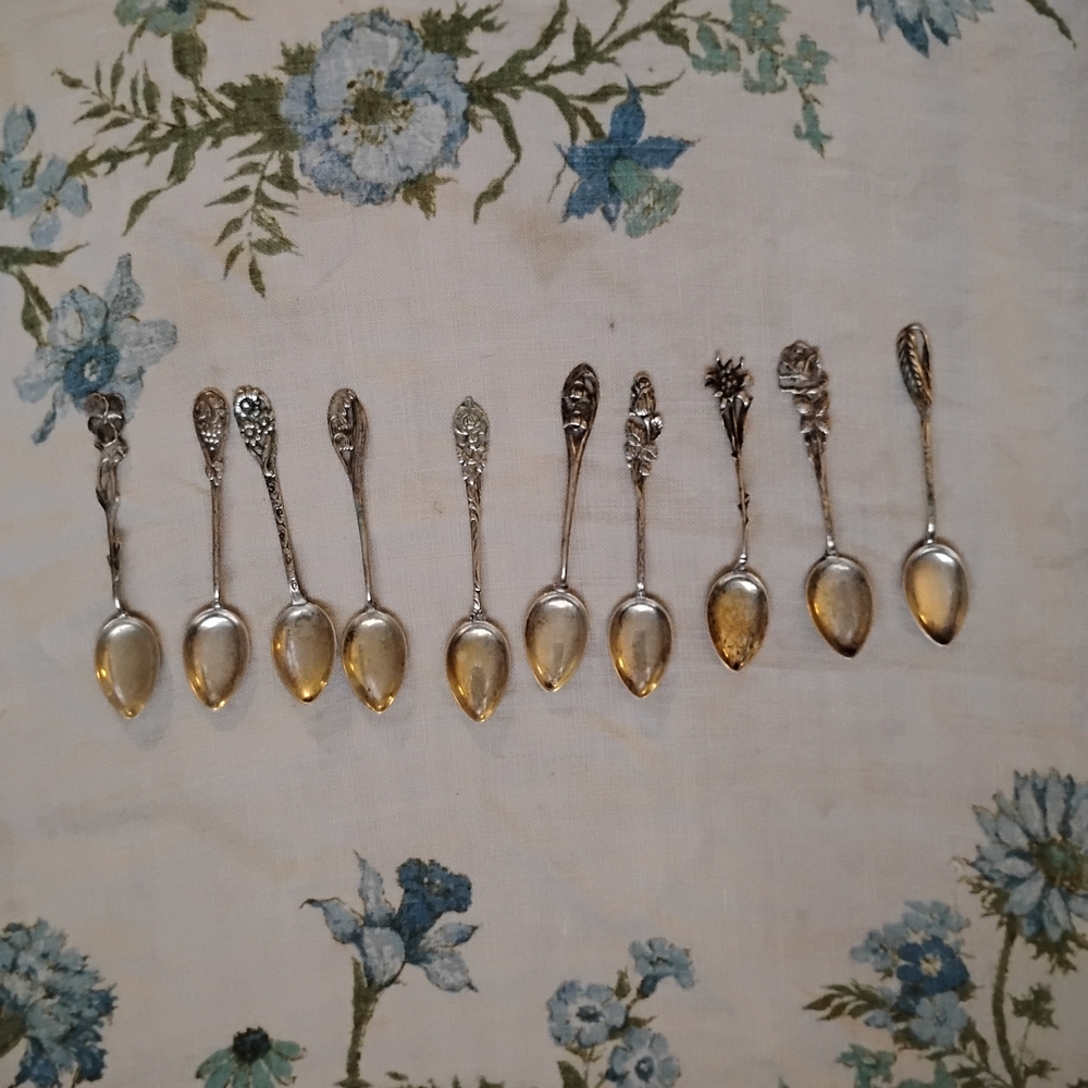 S0LD Ten Elegant Antique 800 Sterling Silver and Gold Accent Teaspoon Set